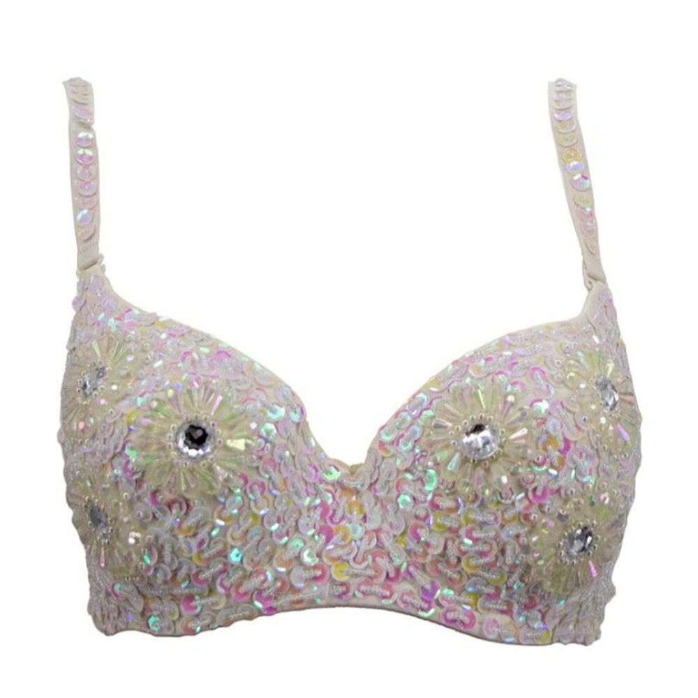 White Sequin Beaded Floral Belly Dance Costume Cabaret Bra Top Performance S/M